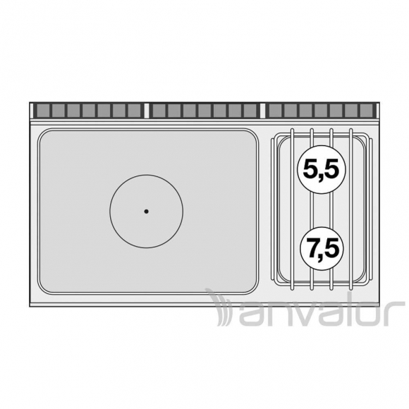 TŰZHELY, gázüzemű, 1 zónás francia lappal, 2 égőfejjel, gázüzemű statikus sütővel, tárolóval, 32,3kW