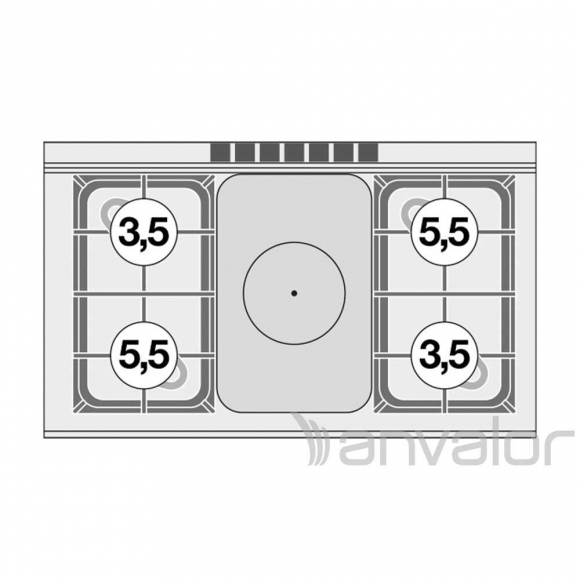 TŰZHELY, gázüzemű, 1 zónás francia lappal, 4 égőfejjel, gázüzemű statikus sütővel, 27,5 kW